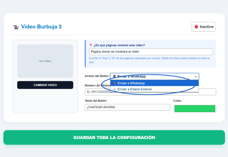 Configuración de botón WhatsApp y URL externa